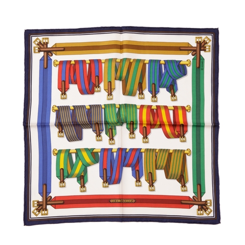 326 - Hermes, a small Les Sangles silk scarf, designed by Joachim Metz and first issued in 1985, featuring... 