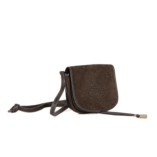 333 - Loewe, a vintage Anagram Flap handbag, crafted from brown suede with brown leather trim, featuring t... 