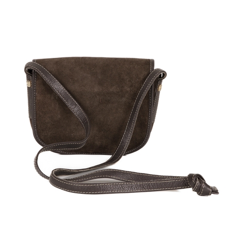 333 - Loewe, a vintage Anagram Flap handbag, crafted from brown suede with brown leather trim, featuring t... 