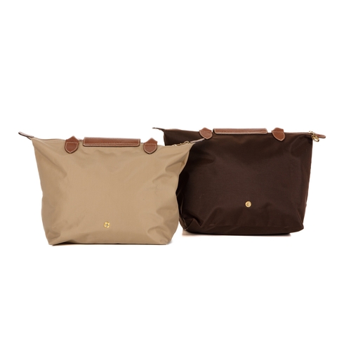 335 - Longchamp, two Le Pliage handbags, to include a brown nylon shopping tote and a matching beige tote,... 