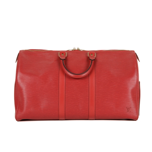 356 - Louis Vuitton, a red epi Keepall 45 luggage bag, featuring a red textured leather exterior and smoot... 