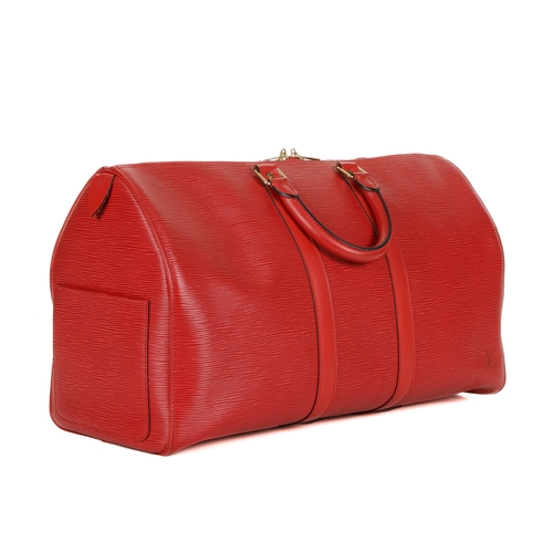 356 - Louis Vuitton, a red epi Keepall 45 luggage bag, featuring a red textured leather exterior and smoot... 