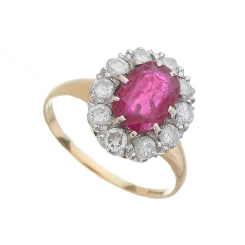 43 - An 18ct gold ruby and brilliant-cut diamond cluster ring, ruby estimated weight 1.60ct, estimated to... 