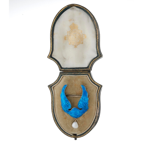 48 - Child & Child, an Art Nouveau silver blue enamel wings brooch, circa 1905, suspending a pearl drop, ... 