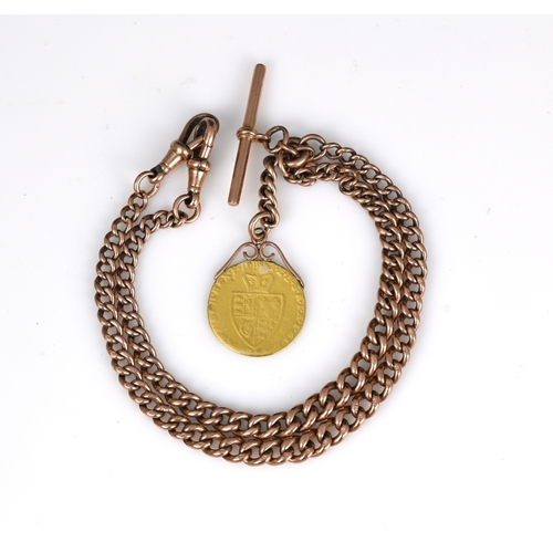 49 - A 19th century 9ct gold graduated Albert chain, suspending a George II Spade Guinea coin, length 46c... 