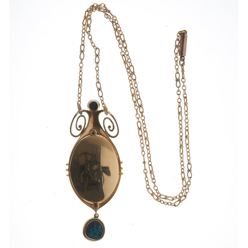 54 - Murrle Bennett & Co., an Art Nouveau 15ct gold blister pearl and turquoise cabochon necklace, suspen... 