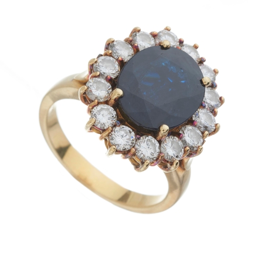 57 - An 18ct gold sapphire and brilliant-cut diamond cluster ring, sapphire estimated weight 3.30ct, esti... 