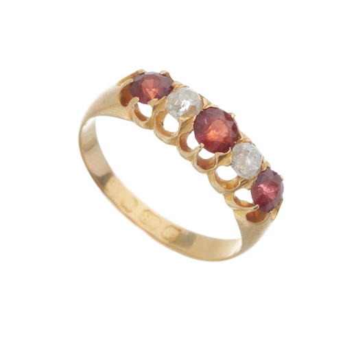 67 - A Victorian 18ct gold garnet and old-cut diamond five-stone ring, estimated total diamond weight 0.2... 