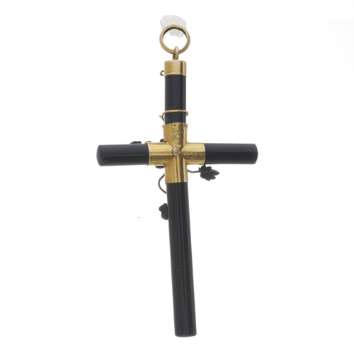 7 - A Victorian gold onyx and pearl cross pendant, with foliate overlay, length 7cm, 7.2g