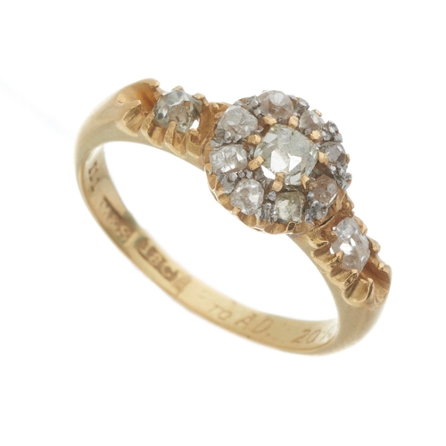 70 - An Art Deco 18ct gold old-cut diamond cluster dress ring, with similarly-cut single-stone shoulders,... 