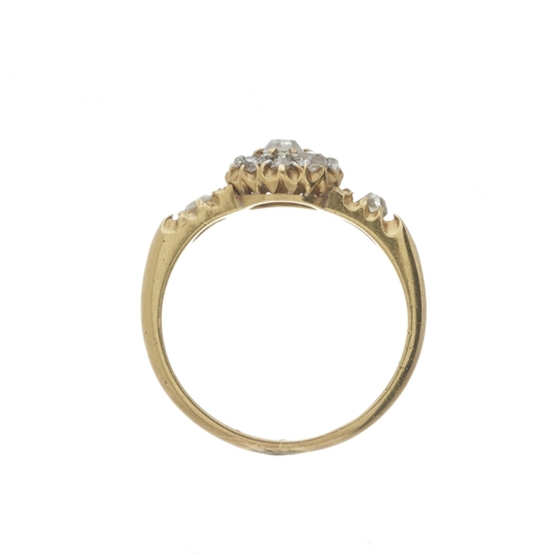 70 - An Art Deco 18ct gold old-cut diamond cluster dress ring, with similarly-cut single-stone shoulders,... 