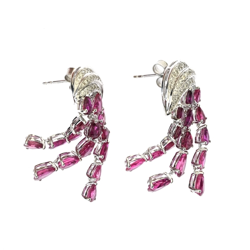 89 - A pair of platinum ruby and diamond chandelier drop earrings, total ruby weight 8.70ct, total diamon... 