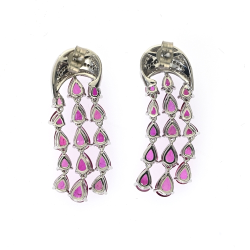 89 - A pair of platinum ruby and diamond chandelier drop earrings, total ruby weight 8.70ct, total diamon... 