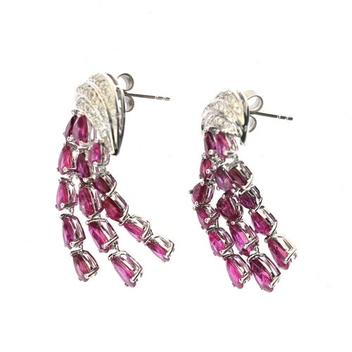 89 - A pair of platinum ruby and diamond chandelier drop earrings, total ruby weight 8.70ct, total diamon... 