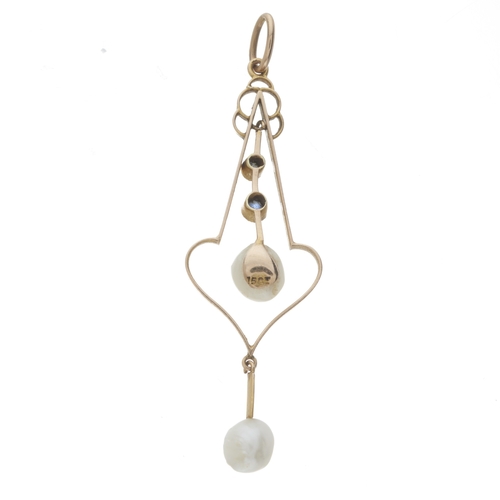 9 - An Edwardian 15ct gold sapphire and pearl drop pendant, principal pearl measures approximately 6mm, ... 