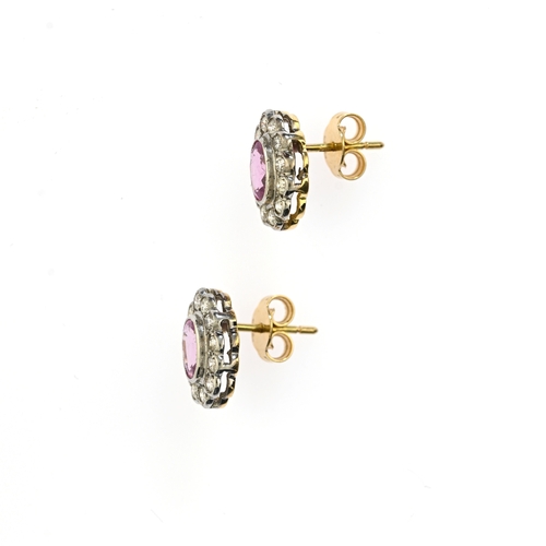 95 - A pair of 18ct gold pink sapphire and diamond cluster stud earrings, estimated total pink sapphire w... 