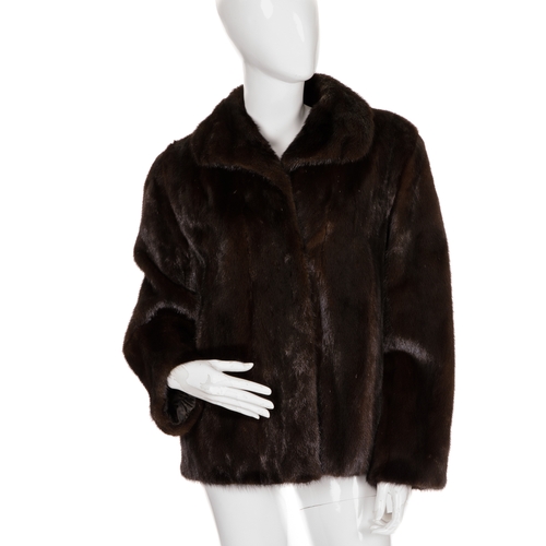 450 - A dark ranch mink jacket, featuring a short lapel collar, hook and eye clip fastenings and two outer... 