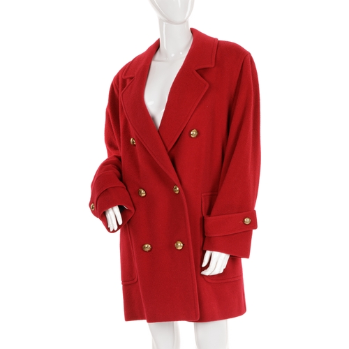 243 - Burberry, a ladies red wool camelhair coat, featuring a notched lapel collar, gold-tone double-breas... 