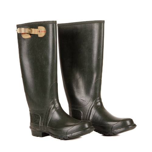 244 - Burberry, a pair of vintage wellington boots, crafted from dark green rubber, featuring the maker's ... 