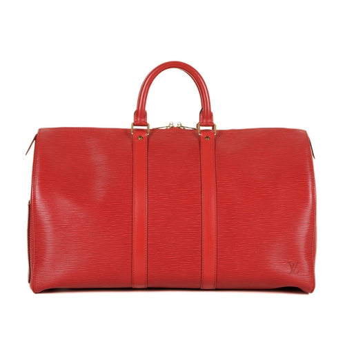 356 - Louis Vuitton, a red epi Keepall 45 luggage bag, featuring a red textured leather exterior and smoot... 