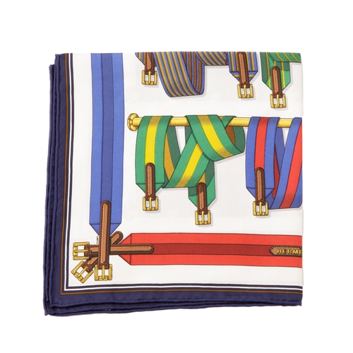 326 - Hermes, a small Les Sangles silk scarf, designed by Joachim Metz and first issued in 1985, featuring... 