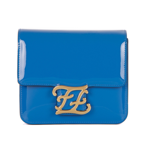 288 - Fendi, a Karligraphy patent leather handbag, designed with a blue patent leather exterior, with poli... 