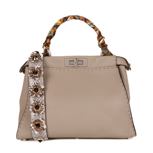 290 - Fendi, a medium Peekaboo Selleria handbag w/Twilly, designed with a grey leather exterior, featuring... 