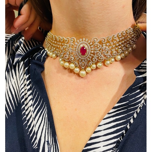 184 - An 18ct gold ruby, brilliant-cut diamond and cultured pearl choker necklace, estimated total diamond... 