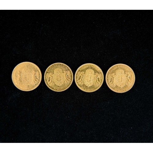 103 - Hungary, four gold 10 Korona coins, 1907, 1910, 1911 x 2, 14g approx