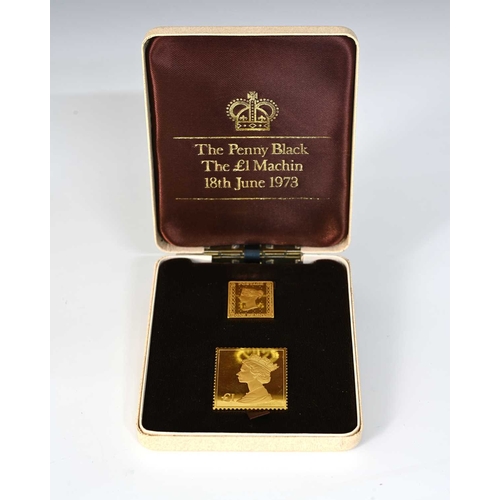 107 - A 22-carat gold £1 Machin stamp ingot, and Penny Black ingot, 1973, marked 2996, 39g, boxed (2)