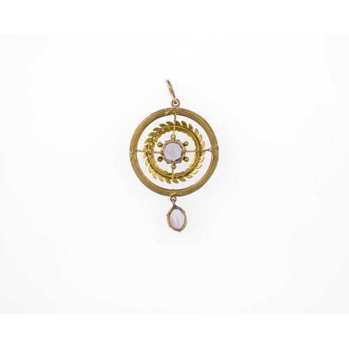 11 - An Art Nouveau 9ct gold amethyst drop pendant