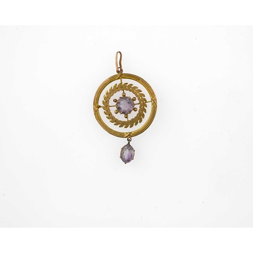 11 - An Art Nouveau 9ct gold amethyst drop pendant