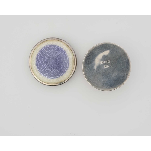 110 - A silver and enamelled pin box, circular form, purple and white guilloche enamel, 5cm diameter