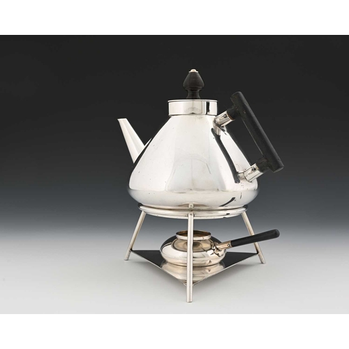 122 - Christopher Dresser for Hukin and Heath, an Aesthetic Movement silver plated tea kettle or teapot on... 