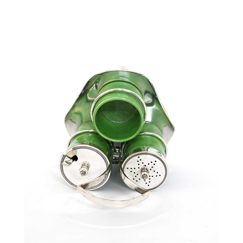 124 - George Unite for Ruskin Pottery, an Arts and Crafts silver plated green lustre cruet set, 1911, the ... 