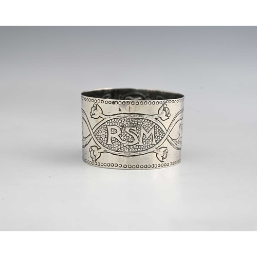 131 - Philip Frederick Alexander, an Arts and Crafts silver napkin ring, London 1905, repousse decorated w... 