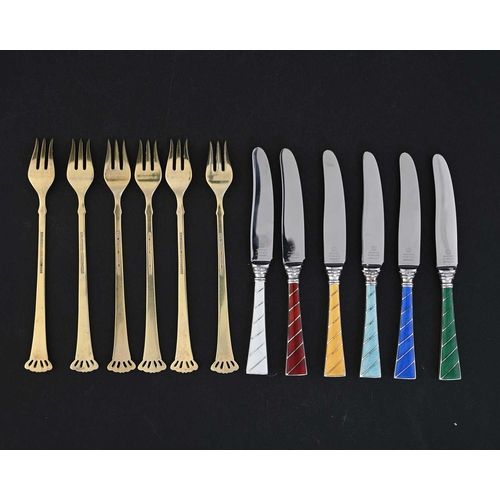 138 - A harlequin set of Danish Modernist silver and enamelled cocktail forks and knives, Eld, Denmark cir... 