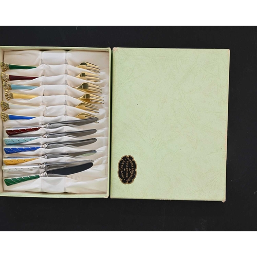 138 - A harlequin set of Danish Modernist silver and enamelled cocktail forks and knives, Eld, Denmark cir... 