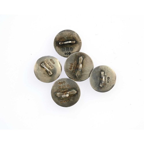 140 - Liberty and Co., a matched set of five Arts and Crafts silver buttons, Birmingham 1901 and 1906, emb... 