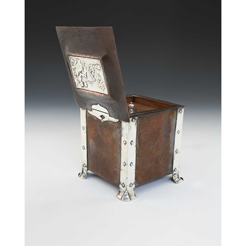 144 - A E Jones, an Arts and Crafts silver and copper tea caddy, circa 1910, cuboid form with riveted stra... 