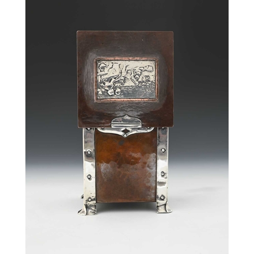 144 - A E Jones, an Arts and Crafts silver and copper tea caddy, circa 1910, cuboid form with riveted stra... 