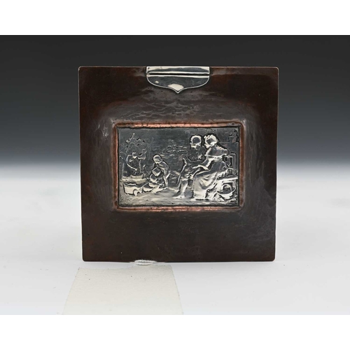 144 - A E Jones, an Arts and Crafts silver and copper tea caddy, circa 1910, cuboid form with riveted stra... 