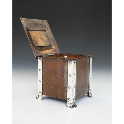 144 - A E Jones, an Arts and Crafts silver and copper tea caddy, circa 1910, cuboid form with riveted stra... 