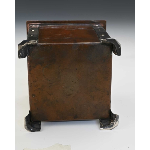 144 - A E Jones, an Arts and Crafts silver and copper tea caddy, circa 1910, cuboid form with riveted stra... 