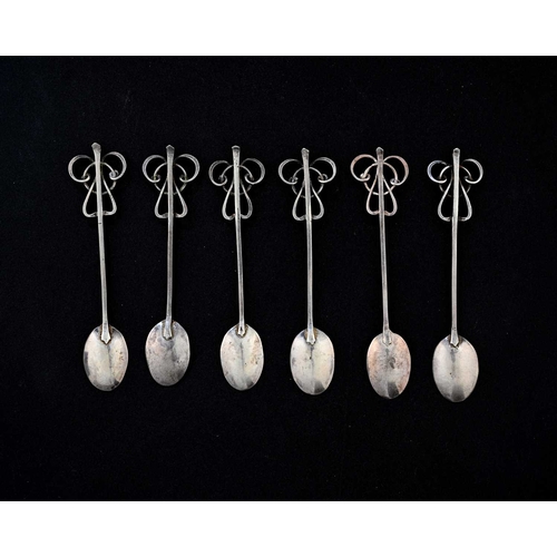 150 - A set of six Arts and Crafts silver teaspoons, oval bowls with square section handles with scrolled ... 