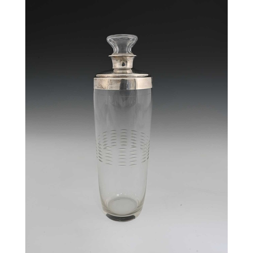 157 - An American silver mounted glass cocktail shaker, Reed and Barton, the cylindrical body with a band ... 