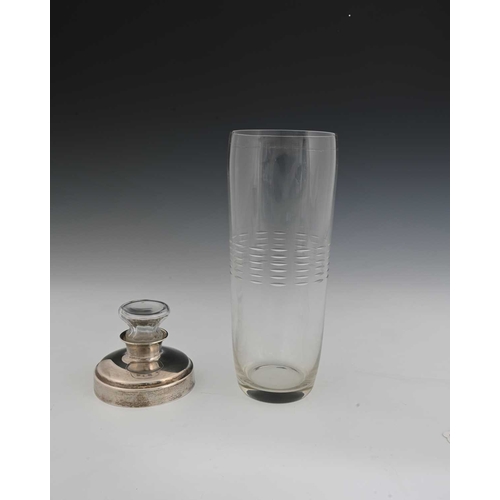 157 - An American silver mounted glass cocktail shaker, Reed and Barton, the cylindrical body with a band ... 