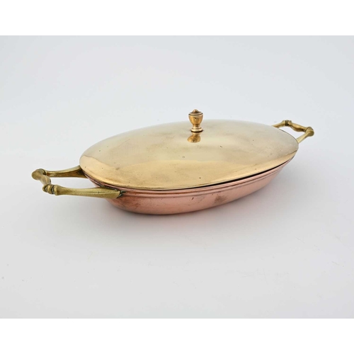 162 - W A S Benson, an Arts and Crafts copper and brass chafing or entree dish, circa 1900, twin handled o... 