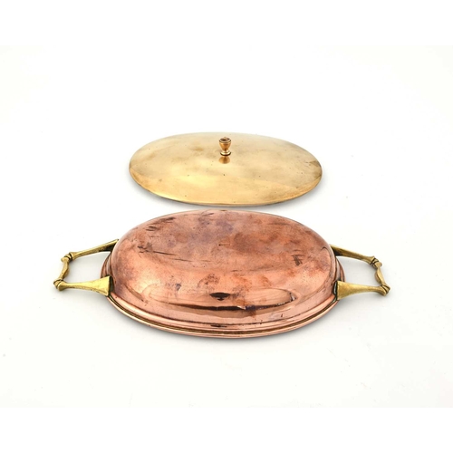 162 - W A S Benson, an Arts and Crafts copper and brass chafing or entree dish, circa 1900, twin handled o... 