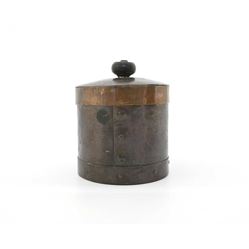 165 - An Arts and Crafts copper tobacco jar, cylindrical planished and riveted form with knop finial, repo... 